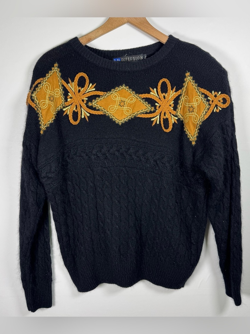 Vintage IB DIFFUSION Cable Knit Silk Angora Blend Black Embroidered Sweater Sz S